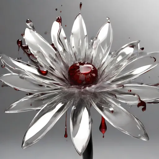 Prompt: a sharp glass flower with a drop of blood