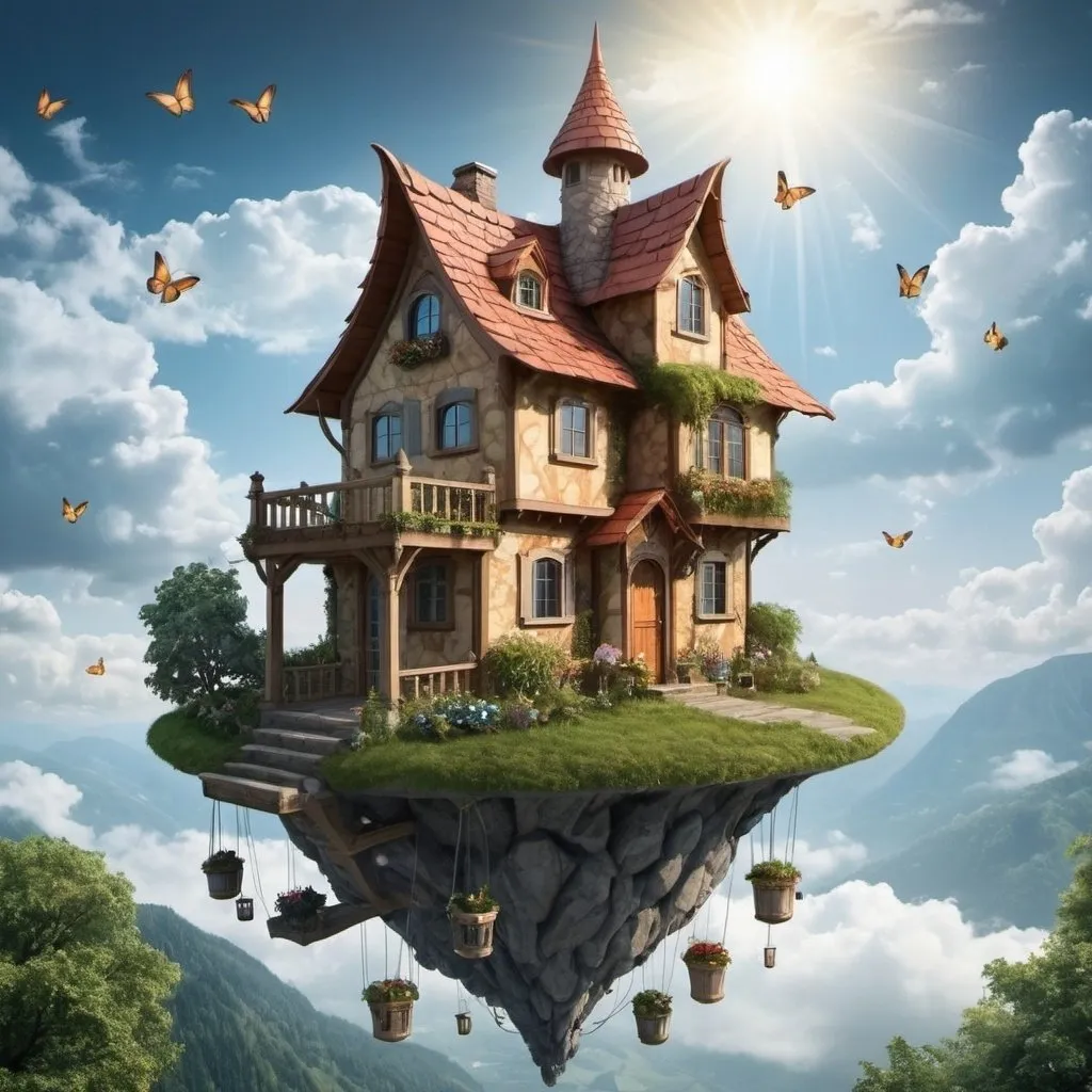 Prompt: create a house in the sky and lot of fairy



