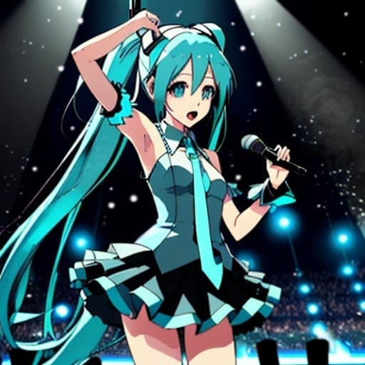 Prompt: Hatsune Miku singing on a dark stage with blue lighting, camera angle looking out from behind her. she's pointing two fingers up to the sky while singing into her microphone.