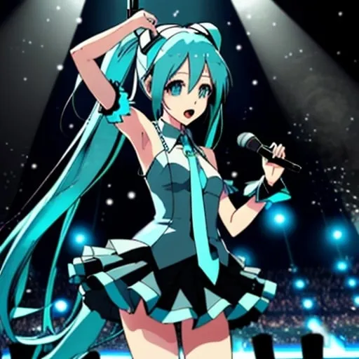 Hatsune Miku singing on a dark stage with blue light...