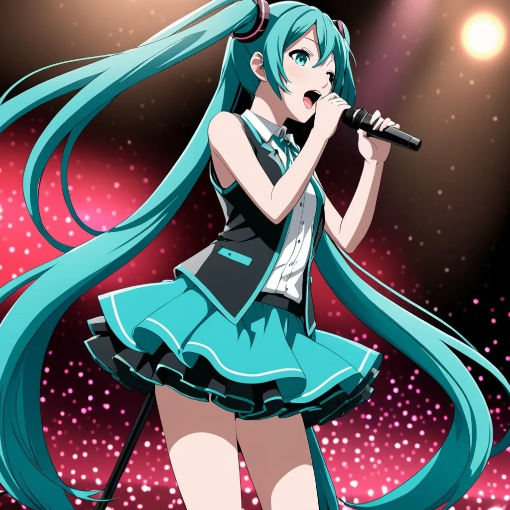 Prompt: Hatsune Miku singing on stage.