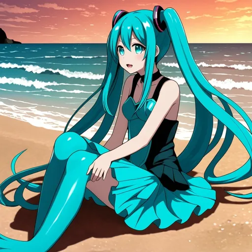 Prompt: Hatsune Miku, with a beautiful blue mermaid tale, sitting on a beach.