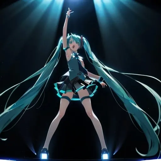 Prompt: Hatsune Miku singing a stage with dark blue lighting. Camera angle is looking out from behind her, she has two fingers pointed up towards the sky.