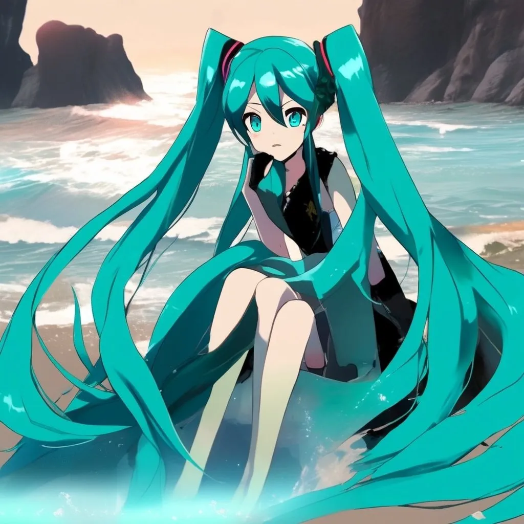 Hatsune Miku, as a mermaid sitting on the beach.