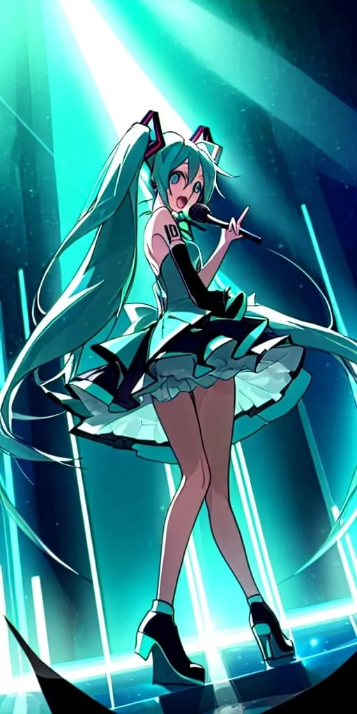 Prompt: Hatsune Miku singing on a dark stage with blue lighting, camera angle looking out from behind her. she's pointing two fingers up to the sky while singing into her microphone.