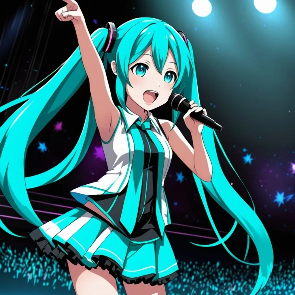 Prompt: Hatsune Miku singing on a dark stage with blue lighting, camera angle looking out from behind her. she's pointing two fingers up to the sky while singing into her microphone.