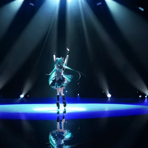 Prompt: Hatsune Miku singing a stage with dark blue lighting. Camera angle is looking out from behind her, she has two fingers pointed up towards the sky.