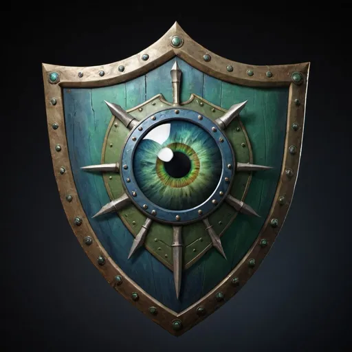 Prompt: A blue and green shield. The shield has two axes behind it protruding from the corners. The shield has an eye in the center. The inside of the eye has a U-shaped pupil.