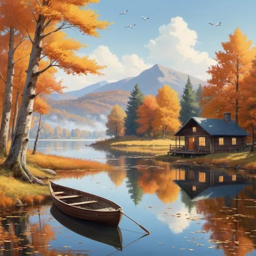 Prompt: The scene depicts a tranquil autumn lake, with crystal-clear water that mirrors the bright blue sky and the surrounding beautiful scenery. The lake is bordered by trees with golden and orange leaves that gently sway in the breeze. A small wooden boat floats quietly on the lake's surface, with a long fishing rod resting on it, as if waiting for an angler. In the distance, a cozy wooden cabin can be seen, with a faint wisp of smoke rising from its chimney, giving a sense of warmth and homeliness. A few white herons are soaring in the sky, adding a touch of liveliness to the scene. The entire setting is imbued with the serenity and beauty of autumn, evoking a sense of peace and relaxation.