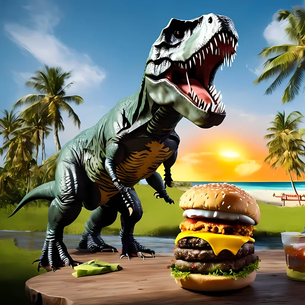 Prompt: 
A T Rex eating a cheeseburger in paradise