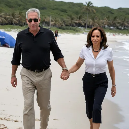 Prompt: jeffrey epstein holding hands in a victorious manner with kamala harris on a beach