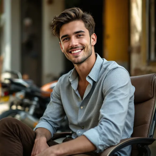 Prompt: Sitting casually in a worn office chair, a young man exudes a relaxed confidence as he glances toward the camera with a warm smile. His button-up shirt, patterned in a subtle design, contrasts against his brown trousers, while his hairstyle frames his face softly. Behind him, a motorcycle is partially visible, hinting at a laid-back, outdoor setting, possibly a garage or courtyard, illuminated by natural light that enhances the inviting atmosphere. The scene is characterized by its informal, yet engaging vibe, suggesting a moment of leisure or camaraderie in a familiar environment.