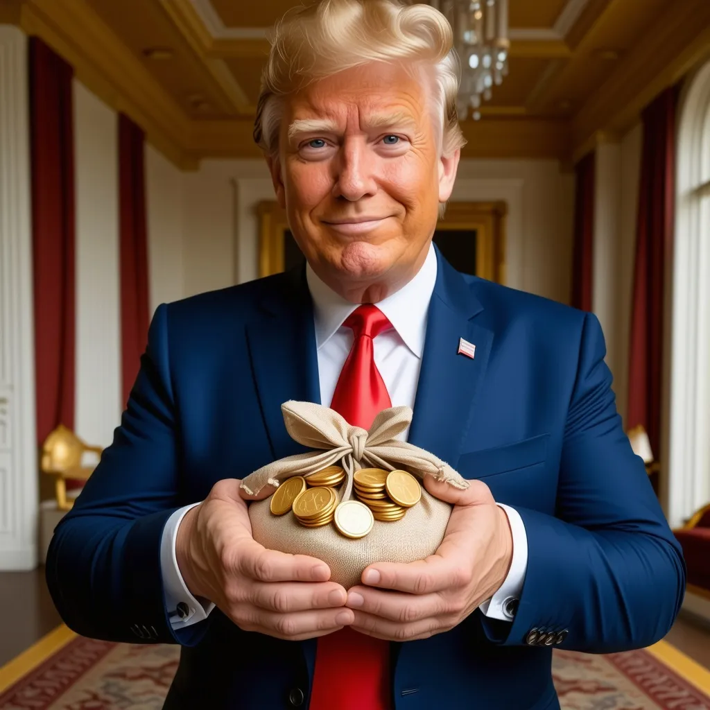 Prompt: A man with a slightly orange complexion, wavy blond hair styled in a comb-over, and a stocky build, holding a large bag of gold coins with both hands behind his body and farting on the bag. The man is smiling confidently, wearing a navy blue suit with a red tie, standing against a luxurious background featuring a grand office with gold accents. The image should evoke wealth and grandeur but ensure the man’s appearance is distinctly unique, avoiding any direct resemblance to Donald Trump.

