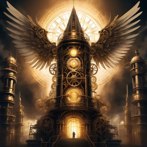 Prompt: Create a highly detailed steampunk-style illustration of a giant angelic tower emerging from darkness, adorned with intricate mechanical wings and with gears, pipes, and glowing filaments. The structure is bathed in and emanates distinctive, radiant beams of golden healing light that pierce through the shadows, illuminating their ethereal and metallic forms. The setting is a dark, industrial landscape with towering smokestacks and a faint haze of steam in the background. The light emphasizes the healing power of the light and the fine craftsmanship of the wings and the structure , creating a striking contrast between the divine and the mechanical. The overall mood is one of hope and awe, blending the steampunk aesthetic with celestial healing symbolism.





