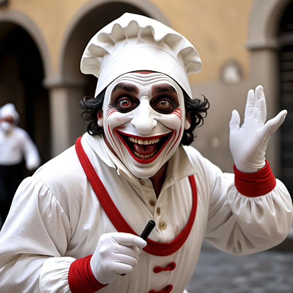 Prompt: Pulcinella e una persona molto allegra e spensierata 