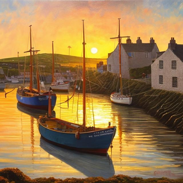 Prompt: Oil painting of boats at anchor in the harbour of a Cornish village, with a golden sunset