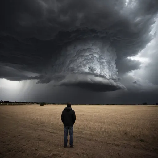 Prompt: La imagen muestra un paisaje oscuro y tormentoso, donde nubes grises y amenazantes cubren el cielo. En el centro de la imagen, hay una figura solitaria que representa la persona que enfrenta la tormenta emocional descrita en la canción. Esta figura está de pie, con la cabeza inclinada hacia abajo y los hombros encorvados, mostrando su carga emocional. Sus manos están apretadas con fuerza, simbolizando la lucha interna contra la ansiedad y el autodesprecio.

Alrededor de la figura, hay elementos que representan la tormenta emocional, como lluvia torrencial y relámpagos que iluminan el cielo oscuro. Sin embargo, en el horizonte, se vislumbra una tenue luz de esperanza, simbolizando la posibilidad de superar la adversidad y encontrar paz interior.