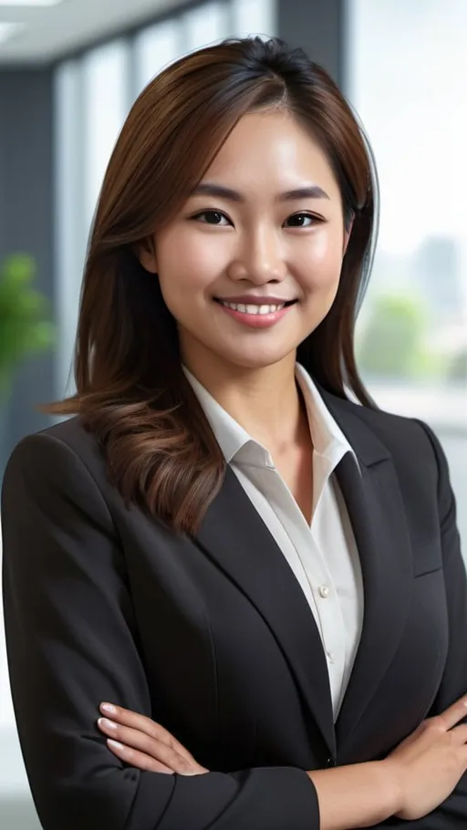 Prompt: Ultra-realistic, full portrait, virtual Vietnamese assistant HR, office blazer, friendly smile, professional office setting, realistic lighting, detailed facial features, high quality, 4k, friendly expression, realistic rendering, business attire, professional demeanor, virtual assistant, detailed eyes, warm and inviting, realistic shadows, office environment
