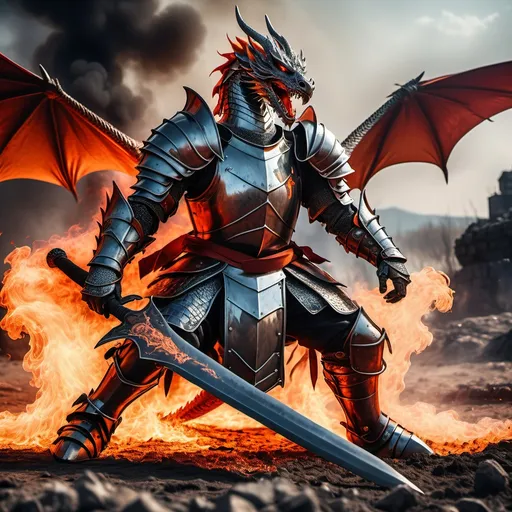 Prompt: (knight scraping sword on ground), (intense battle scene), fire dragon roaring, embers and flames illuminating, dramatic clash of metal and fire, smoke rising, highly detailed armor with battle wear, cool tones contrasted with fiery reds and oranges, epic fantasy theme, high dynamic range, (cinematic lighting), ultra-detailed, powerful atmosphere, adrenaline-filled moment.