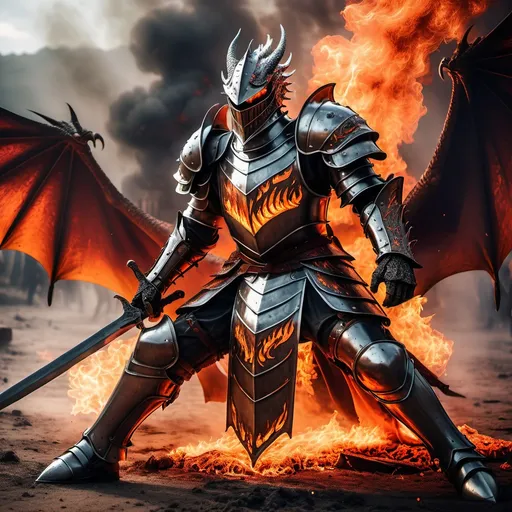 Prompt: (knight scraping sword on ground), (intense battle scene), fire dragon roaring, embers and flames illuminating, dramatic clash of metal and fire, smoke rising, highly detailed armor with battle wear, cool tones contrasted with fiery reds and oranges, epic fantasy theme, high dynamic range, (cinematic lighting), ultra-detailed, powerful atmosphere, adrenaline-filled moment.