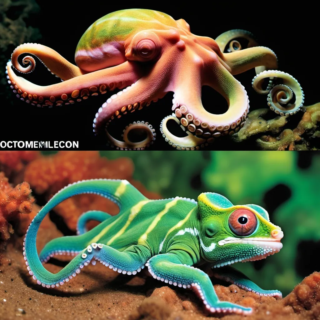 Prompt: Octopus + Chameleon

Name: Octomeleon or Chamtopus

Description: This master of camouflage could change colors like a chameleon and move with the flexibility of an octopus. It would be able to blend in with any environment, using both color change and tentacle-like limbs for ultimate stealth.