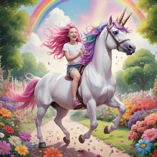 Prompt: a white unicorn with rainbow coloured hair is galloping in a garden with many colourful flowers. there is a rainbow behind the unicorn and the sky is tinged with pink and purple. there is candy around the unicorn on the floor. a girl is riding the unicorn. the girl is laughing.