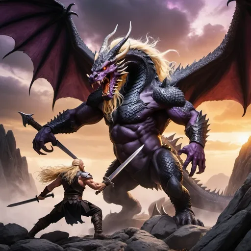 Prompt: One muscular Viking with a sword and long blonde hair fighting a big black dragon. The dragon has wings and red eyes. They are fighting on a rocky landscape. The evening sky has tinges of yellow and light purple.