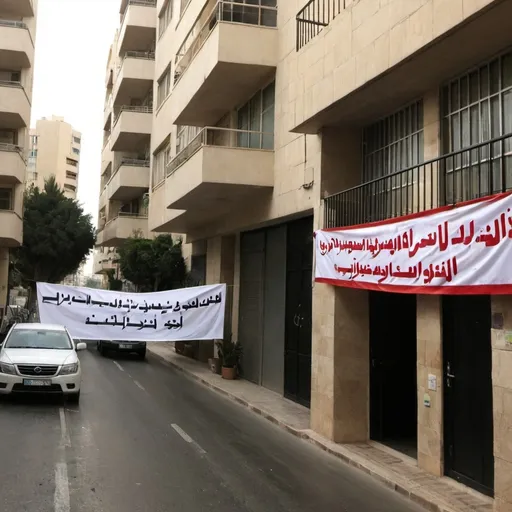 Prompt: A street in Tel Aviv with residential buildings and a banner hanging from a window that says in Farsi “we stand with the Irani people”