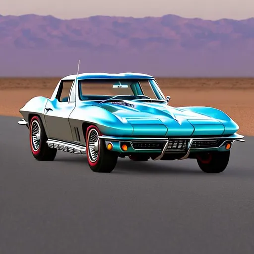 Prompt: "1965 Corvette Sting Ray" driving on a serene desert highway in the evening, viewed from a distance, hyper realistic