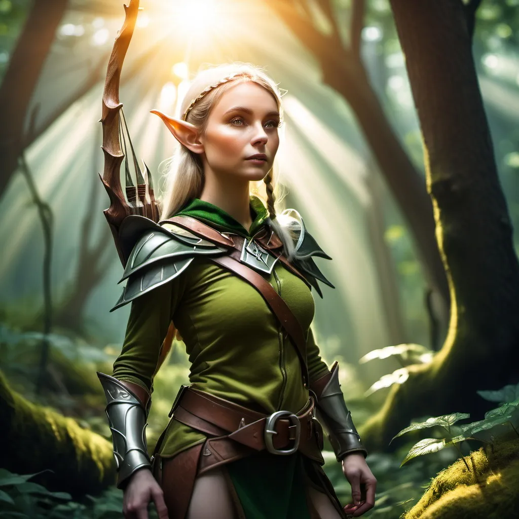 Prompt: Elf ranger in a mystical forest around sunlight