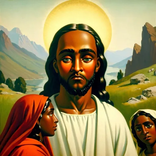 Prompt: a painting of jesus talking to two women and a man in a field with rocks and grass and mountains in the background, Carl Heinrich Bloch, figurative art, woman, an oil on canvas painting but black people.