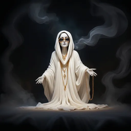 Prompt: A spectral ghost draped in a white, flowing blanket, wearing stylish spectacles, adorned with a gold chain. Vibrant and dynamic background to enhance the ghost's ethereal presence.full face covered with blanket.spects over blanket..smoke full over body Soft, eerie lighting casting gentle shadows, creating a mysterious and captivating atmosphere. Full-body view showcasing the ghost's haunting yet sophisticated appearance, art style with a balance of realism and fantasy, 4K high-quality image. take refernce to this image uploded no face should be visible 