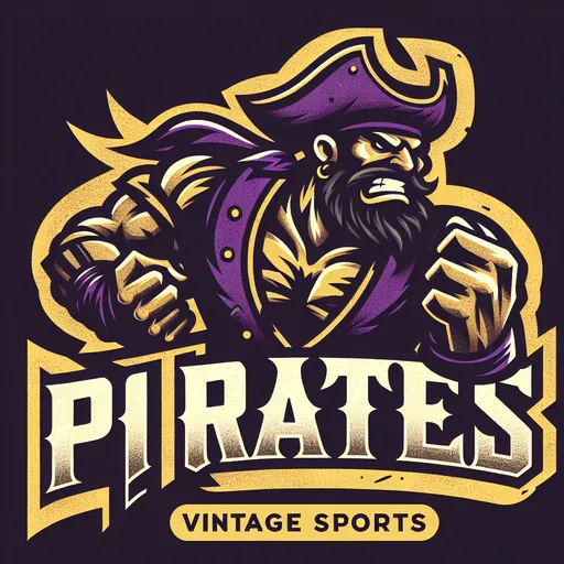 Prompt: Here is a 2D flat vector vintage sports logo featuring a fierce pirate with bold, rugged detailing. The pirate is posed dynamically, wearing a traditional pirate hat, and the text "Pirates" is presented in a distressed, textured font. It uses a purple and gold color palette with vintage shading and grain effects, giving the logo a retro, sporty aesthetic that exudes power and team spirit, perfect for branding or merchandise.