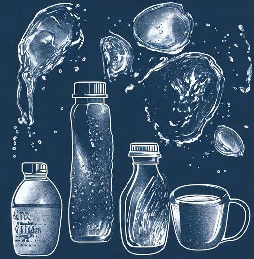 Prompt: white line drawing of nice bottle of water, coffee cup and fruit like a texture with saturated background


