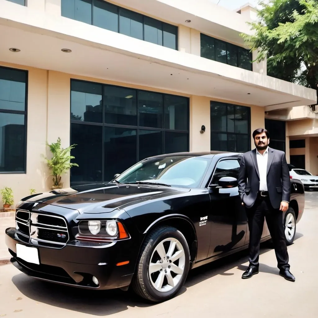 Prompt: a headoffice with latest technology
 of MEHMOOD BROTHERS and one new model black dodge car out of office
