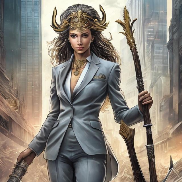 Prompt: Depiction of a beautiful woman in the modern world, wearing a suit in a city, with elements of a Greek goddess of wisdom and warfare, holding a spear, symbolizing strategic brilliance and wisdom in modern war and leadership roles.