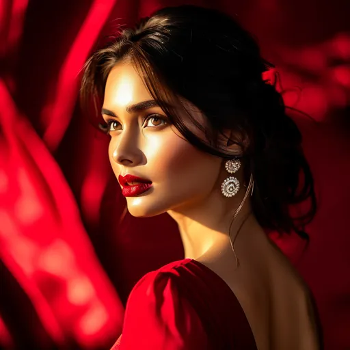 Prompt: (beautiful woman), wearing a (red dress), photorealistic, high detail, 4K, dramatic lighting, warm tones, glowing highlights, sophisticated and elegant, gentle expression, (HD), high fashion, studio lighting, glossy finish, slightly blurred background, elegant backdrop, cinematic quality, professional photoshoot ambiance, meticulous composition, ultra-detailed fabric and texture, emphasis on contrast and depth, award-winning photography.