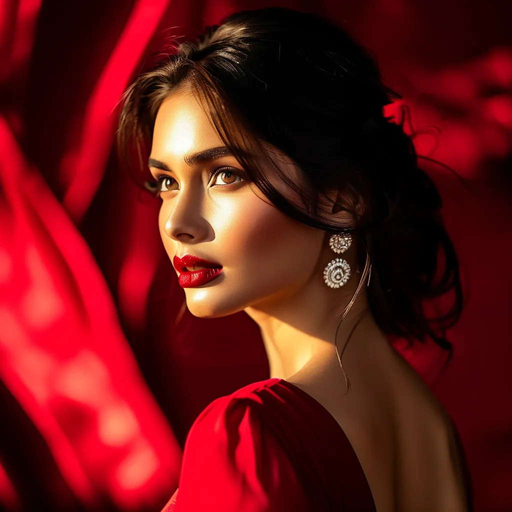 Prompt: (beautiful woman), wearing a (red dress), photorealistic, high detail, 4K, dramatic lighting, warm tones, glowing highlights, sophisticated and elegant, gentle expression, (HD), high fashion, studio lighting, glossy finish, slightly blurred background, elegant backdrop, cinematic quality, professional photoshoot ambiance, meticulous composition, ultra-detailed fabric and texture, emphasis on contrast and depth, award-winning photography.