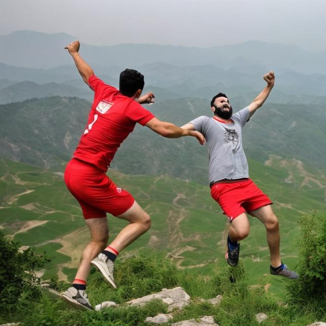 Prompt: A man whith  red shorts who is drunk is flying in north of iran jungels mazandaran dohezar