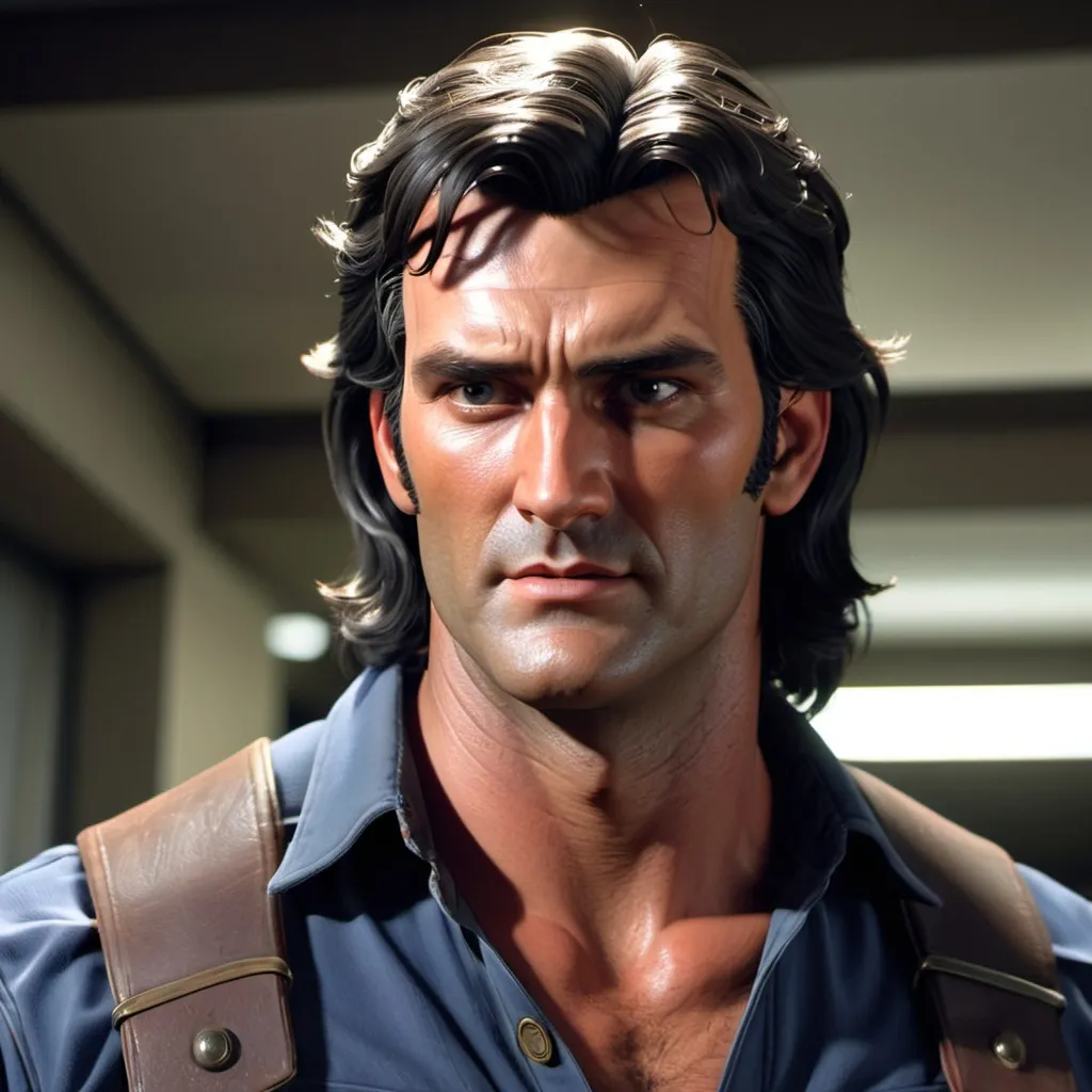 Prompt: ASH WILLIAMS YOUNG WITH LONG HAIR