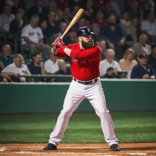 Prompt: bearded baseball player wearing a boston red sox uniform, swinging a bat