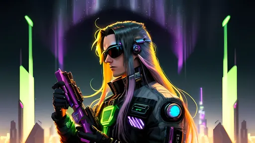 Prompt: a future cyberpunk man with long electric hair wearing holo-sunglasses looking up at the sky with ufo's and aliens playing guitars in the background and a aurora energy overhead, Ivan Alvarez, cubo-futurism, promotional image, a character portrait