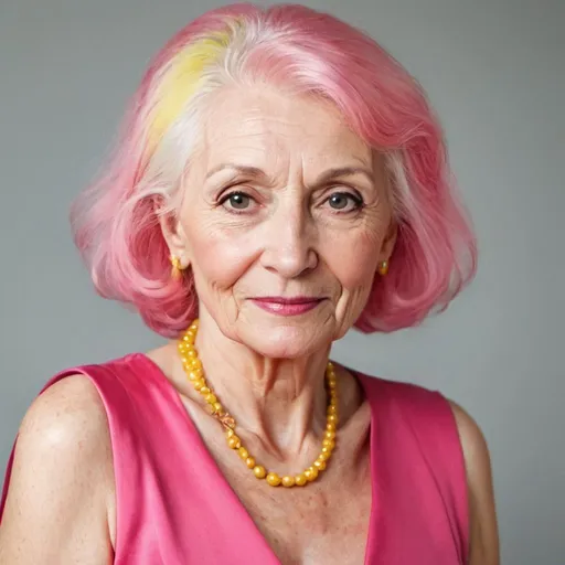 Prompt: beautiful older Lady with yellow hair in pink dress