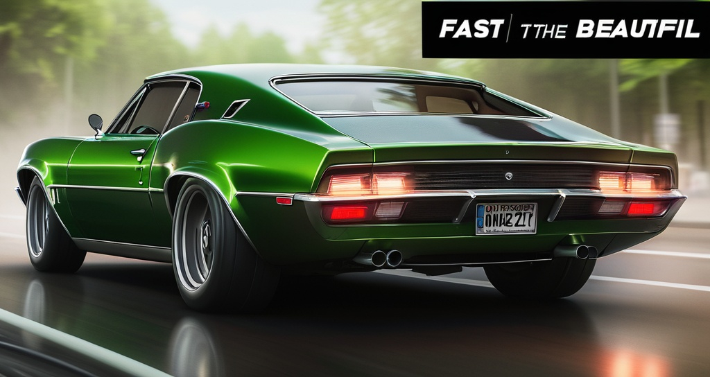 Prompt: a green car is shown in a movie poster for the movie, the fast and the beautiful, starring actor, Cornelisz Hendriksz Vroom, photorealism, realistic render, a digital rendering