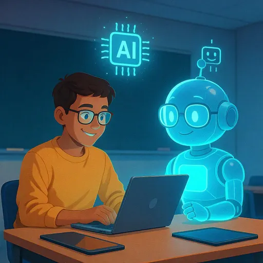 Prompt: Ilustrasi seorang siswa duduk di depan laptop, di sampingnya muncul hologram AI yang ramah (seperti robot berkacamata membantu belajar).

Latar: Ruang kelas modern dengan papan tulis digital dan tablet di meja siswa.

Di atas: ikon AI (chip otak, sinyal) menyala dengan efek cerah, menandakan AI aktif mendampingi.


