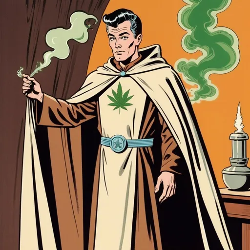 Prompt: Silk screen comic book illustration, male wizard wearing a robed mantle, he likes marijuana, brown pompadour haircut, pale, 1960s retro futurism