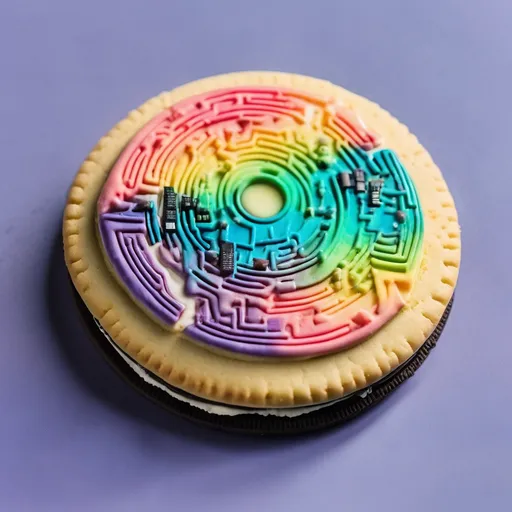 Prompt: An oreo type cookie with circuit board outer shell and pastel rainbow filling