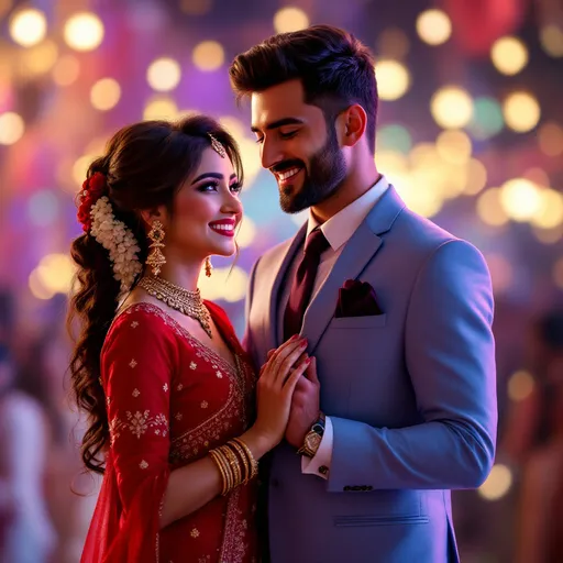 Prompt: Create a Pixar style image of An elegant couple stands closely together, sharing a joyful moment at a vibrant celebration, illuminated by soft, colorful lights in the background. The man, wearing a tailored light blue suit with a dark tie, exudes confidence while smiling warmly, his eyes reflecting happiness. The woman, dressed in a striking red traditional outfit adorned with intricate gold detailing, looks at him with a radiant smile, their hands gently intertwined. This intimate scene captures the essence of love and celebration, set against a backdrop that hints at a festive atmosphere, likely during an evening event. The warm lighting enhances their expressions, creating a romantic and joyous mood.