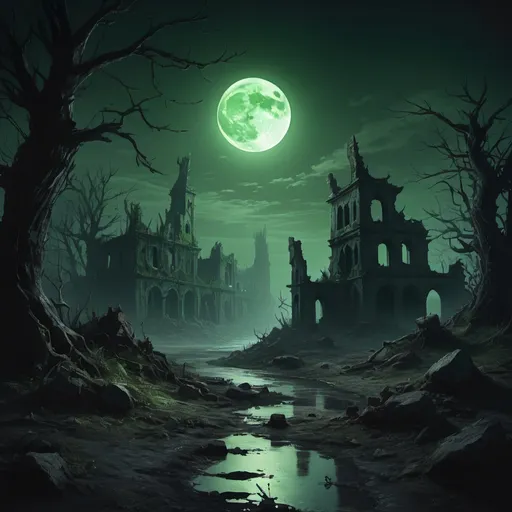 Prompt: Create a captivating scene from the Shadowfel, depicting a landscape of a ruined town bathed in the eerie glow of a full moon. The town should appear decrepit and desolate, with crumbling buildings and overgrown vegetation reclaiming the land. In the sky, incorporate subtle shades of green to evoke the sinister nature of the Shadowfel, hinting at otherworldly forces at play. Position the full moon on the left side of the image, casting its pale light across the scene and adding to the atmosphere of mystery and foreboding. Capture the haunting beauty of this dark realm, where shadows lurk and secrets abound