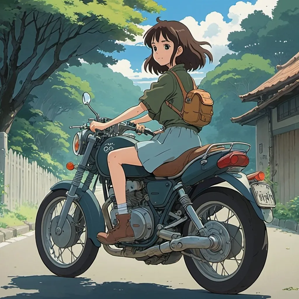 Prompt: 2d studio ghibli anime style, girl on motorcycle, anime scene